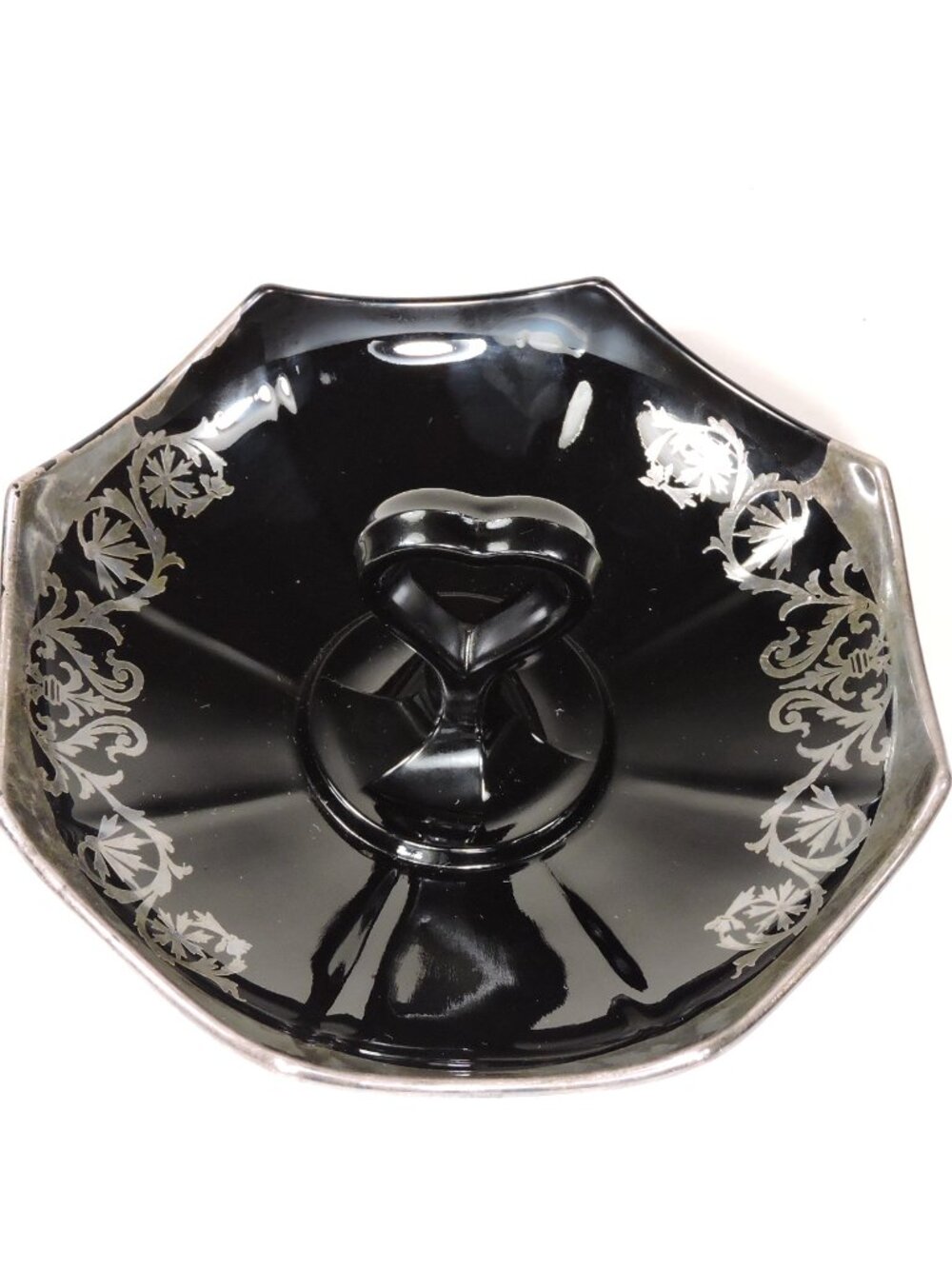 MCM Black Ebony Glass Octagon Shaped Serving Dish With Silver Overlay